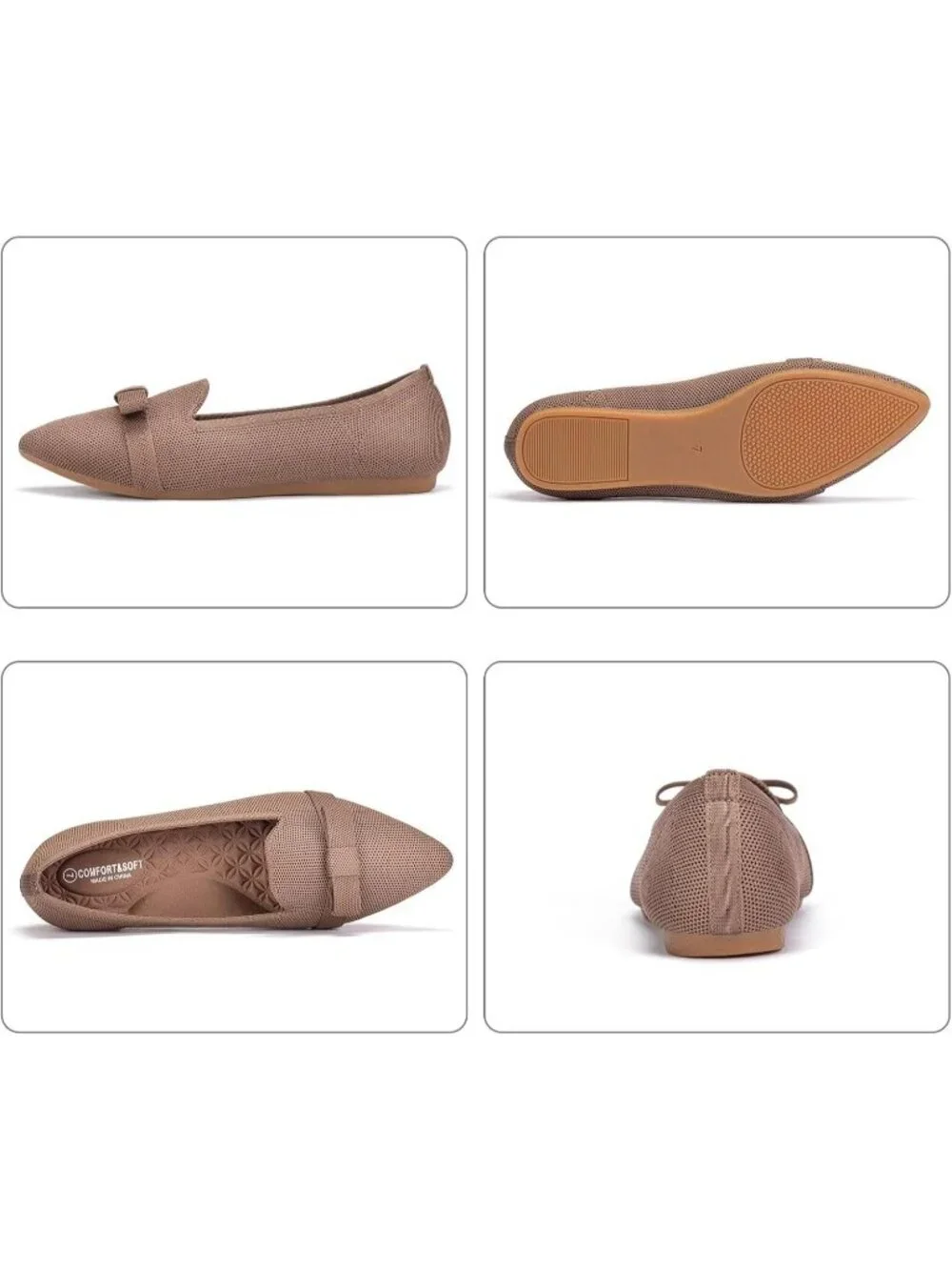 Women's Coffee Comfortable Knit Casual Pointed Toe Ballet Flats with Bow Shoes